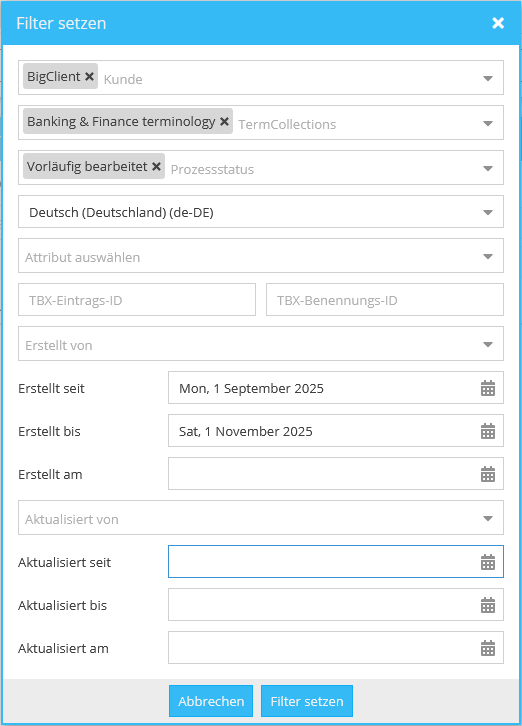 Filtermöglichkeiten im TermPortal