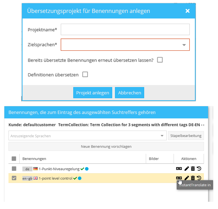 Terminologie nach InstantTranslate senden oder Übersetzungsprojekt dafür anlegen