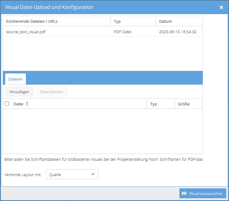 Dateiupload-Dialog für translate5 Visual-Projekte