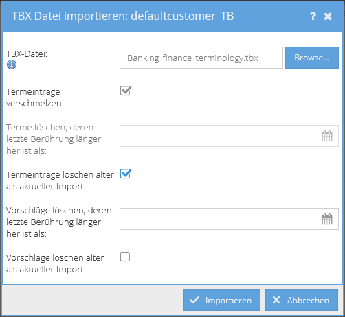 Einstellungen für die Terminologiepflege beim TBX-Impor